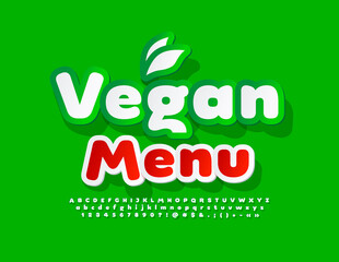 Vector colorful Emblem Vegan Menu. Green and White Sticker Font. Bright set of Alphabet Letters and Numbers