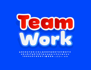 Vector business banner Team Work. Sticker style Alphabet Letters, Numbers and Symbols set. Playful trendy Font