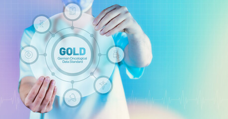 GOLD (German Oncological Data Standard). Medizin in der Zukunft. Arzt hält virtuelles Interface mit Text und Icons im Kreis.
