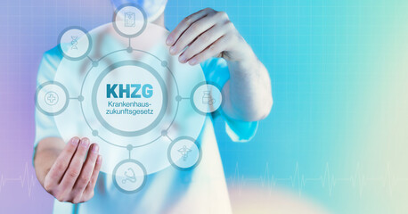 KHZG (Krankenhauszukunftsgesetz). Medizin in der Zukunft. Arzt hält virtuelles Interface mit Text und Icons im Kreis.