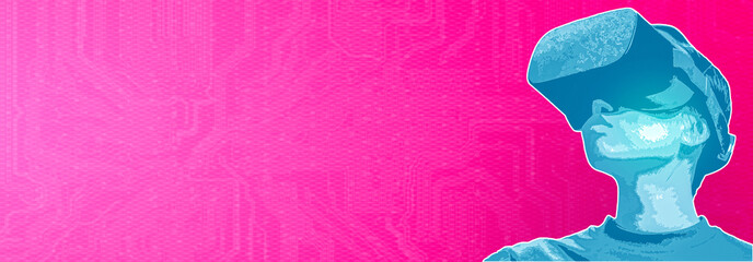 Man using virtual reality simulator VR goggles virtual reality web 3 or metaverse metaphor. Horizontal banner with copy space, place for text or text area
