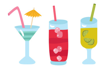 Beach cocktails with ice. Refreshing drink in glasses with tubes. Blue in layers, pink berry, green with lime. Vector illustration for sunny summer