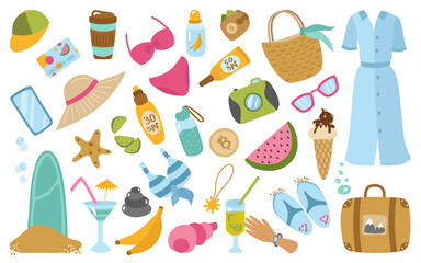 Summer sunny beach set of elements. Suitcase, cocktails, surfboard, swimsuit, bag, slates, sunscreen, camera, coffee, fruit, glasses, ice cream. Vector collection of holiday clipart.