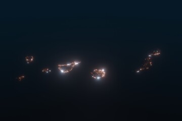 Aerial shot of Canary islands at night, view from south. Imitation of satellite view on islands with street lights and glow effect. 3d render - obrazy, fototapety, plakaty