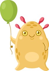 Cute vector monster. Yellow monster holding a red balloon. Print for children's clothes