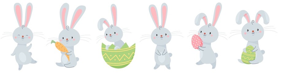 Vector set illustration for easter holiday. Cute hares are holding carrots and Easter eggs. Easter Bunnies.
