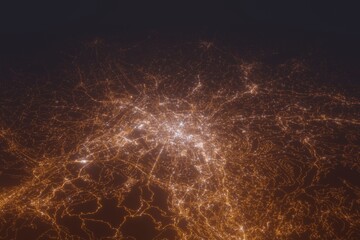 Aerial shot of Salzburg (Austria) at night, view from south. Imitation of satellite view on modern city with street lights and glow effect. 3d render