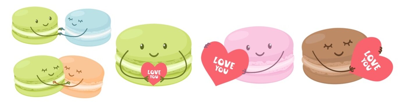Vector set of characters. Lovers macaroons, cake characters. Cute macaroons are holding hands and holding valentines. Set of characters for Valentine's Day