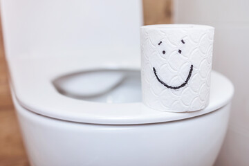 close-up of toilet paper with a painted happy face, on a toilet with an open lid