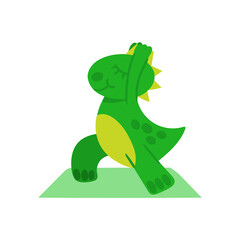 Adorable green dinosaur doing yoga on mat. Vector illustration isolated on white background. Yoga asanas. Design element