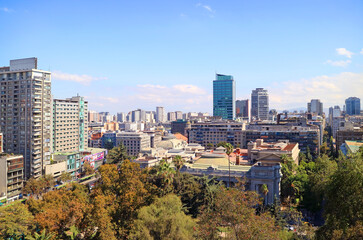 Fototapeta na wymiar Impressive Aerial View of Santiago Downtown as Seen from Santa Lucia Hill in Santiago, Chile, South America