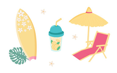 Summer beach set with surfboard, cup lemonade, straw umbrella 