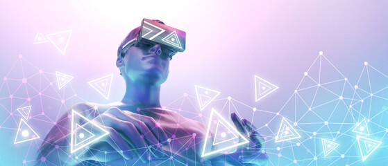 Experiences of metaverse virtual world entertainment and Future digital technology cyber virtual Concept, man with virtual reality VR, fun play VR virtual reality -3d Rendering - obrazy, fototapety, plakaty