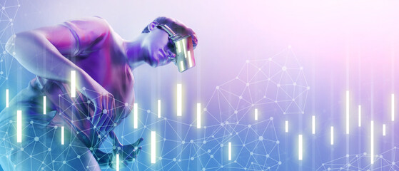 Experiences of metaverse virtual world entertainment and Future digital VR virtual reality glasses Esport game, Innovation of technology cyber Space, a man with virtual reality VR-3d Rendering