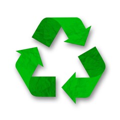 Recycling Symbol - three folded from green Recycle Paper arrows that form a triangle isolated on white background - 3D Illustration