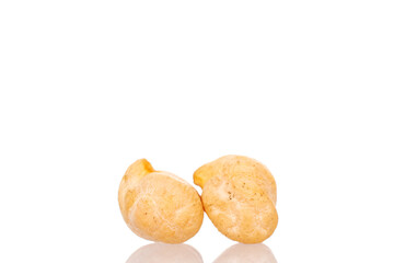 Two uncooked grains of hummus, macro, isolated on white.
