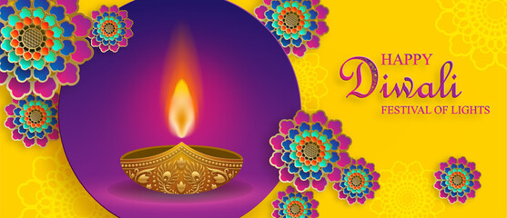 Happy Diwali vector illustration. Festive Diwali and Deepawali card. The Indian festival of lights on yellow color background