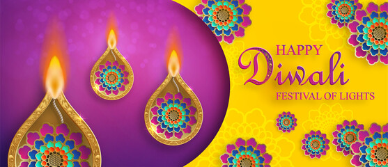 Happy Diwali vector illustration. Festive Diwali and Deepawali card. The Indian festival of lights on yellow color background