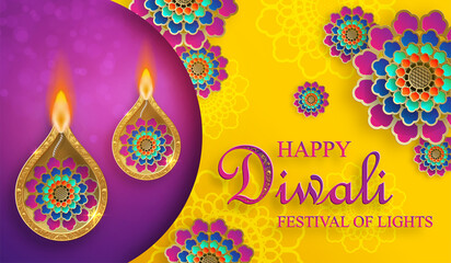 Happy Diwali vector illustration. Festive Diwali and Deepawali card. The Indian festival of lights on yellow color background - obrazy, fototapety, plakaty