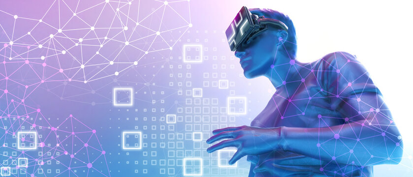Experiences of metaverse virtual world entertainment and Future digital technology cyber Concept, cyber space futuristic, Innovation of cyber Space,man with virtual reality VR-3d Rendering