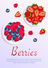 Bowls with berries. Raspberry, strawberry and blueberry. Berries, healthy food, dieting concept. A4 vector illustration for flyer, poster, banner.