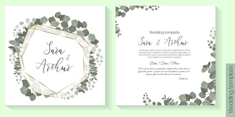 Vector herbal wedding invitation template. Different herbs, green plants and leaves, round frame. All elements can be isolated