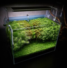 Aquascape with rotalas and montecarlo plant carpet in the dark room. CO2 glass diffuser and lily pipes inside. Led lighting above.