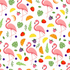 Seamless pattern with tropical bird flamingo, leaves, berries and fruits. Texture with a bird for textiles, wallpaper, print design, clothes postcards. Vector illustration.