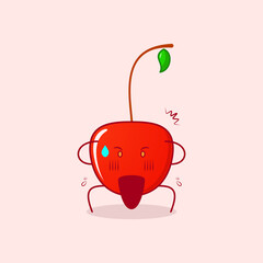 cute cherry cartoon character with shocked expression, two hands on head and mouth open. green and red. suitable for emoticon, logo, mascot or sticker