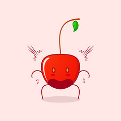 cute cherry cartoon character with shocked expression, mouth open and bulging eyes. green and red. suitable for emoticon, logo, mascot or sticker