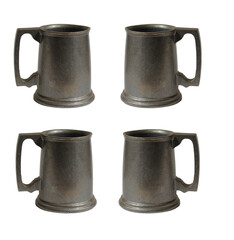 Set of Antique Pewter Beer Mugs Isolated on White Background