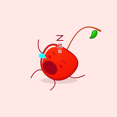 cute cherry cartoon character with sleep expression, lie down, close eyes and mouth open. green and red. suitable for emoticon, logo, mascot and icon