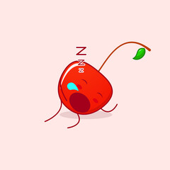 cute cherry cartoon character with sleep expression and mouth open. green and red. suitable for emoticon, logo, mascot and icon
