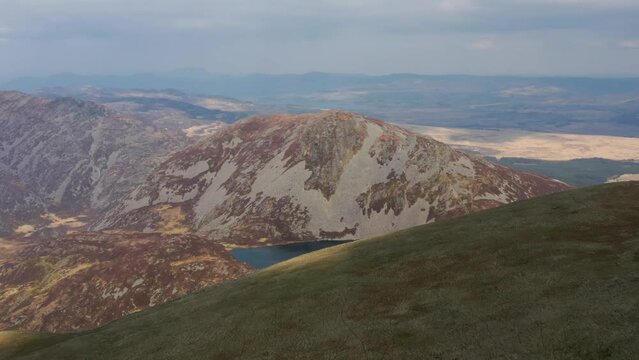 Aerial reveal of Rhinog Fawr in Snowdonia Wales UK