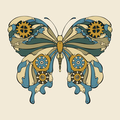 Steampunk butterfly doodle hand drawn fantastic mechanical, butterfly with gears. isolated. Vector illustration