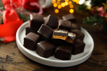 Traditional Christmas gingerbread with marzipan and marmalade