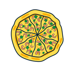 Pizza with shrimp. Stylized vector drawing