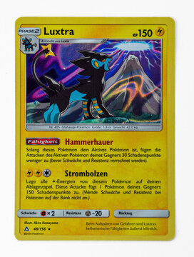 Hamburg, Germany - 03232022: macro photo of the german TCG pokemon holo rare card Luxray UPR 48 from the Ultra Prisma series.