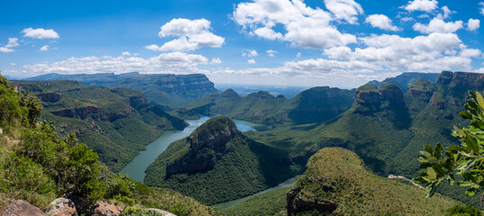 Panorama Route South Africa, Blyde river canyon with the three rondavels, impressive view of three rondavels and the Blyde river canyon in south Africa. - obrazy, fototapety, plakaty
