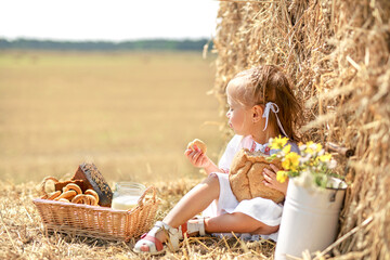 Kid is sitting in rye field in Countryside eating bread and bagels. Variety of varieties of bread, buns in picnic basket. Girl enjoys eating with pleasure. Jar with fresh organic steamed village milk