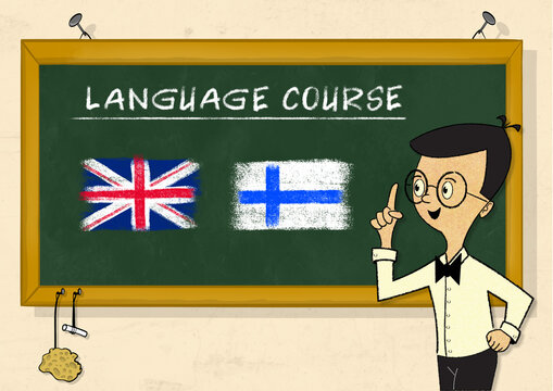 Lehrer steht lächelnd mit erhobenem Zeigefinger vor einer grünen Schultafel auf der "SLanguage Course" steht und eine britische und finnische Flagge gemalt sind. 