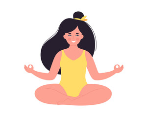 Woman meditating in swimsuit. Healthy lifestyle, yoga, relax, breathing exercise. Hello summer. Hand drawn vector illustration