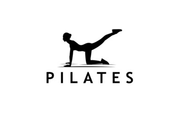 Sitting Pose Pilates Woman Silhouette, Girl with Beauty Body Hair and Face at gym logo design