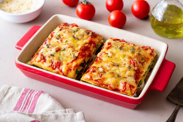 Italian lasagna with meat, cheese and vegetables. Italian food.
