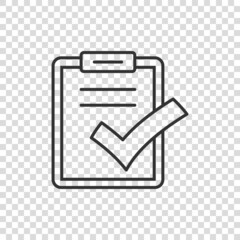 Obraz premium Document checklist icon in flat style. Report vector illustration on white isolated background. Paper sheet business concept.