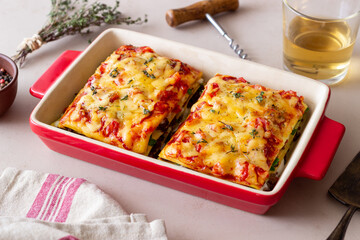 Italian lasagna with meat, cheese and vegetables. Italian food.