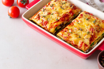 Italian lasagna with meat, cheese and vegetables. Italian food.