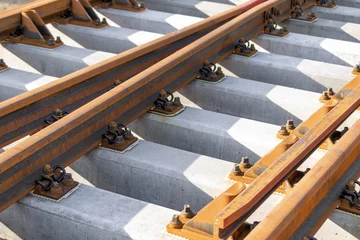 Foto op Plexiglas railway rails on concrete sleepers. background or texture © Krzysztof Bubel