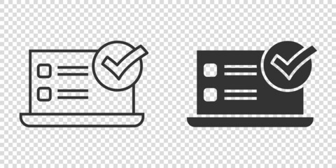 Laptop check mark icon in flat style. Computer approval vector illustration on white isolated background. Confirm business concept.