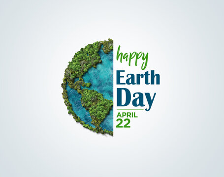Fototapeta Earth day concept. 3d eco friendly design. Earth map shapes with trees water and shadow. Save the Earth concept. Happy Earth Day, 22 April.